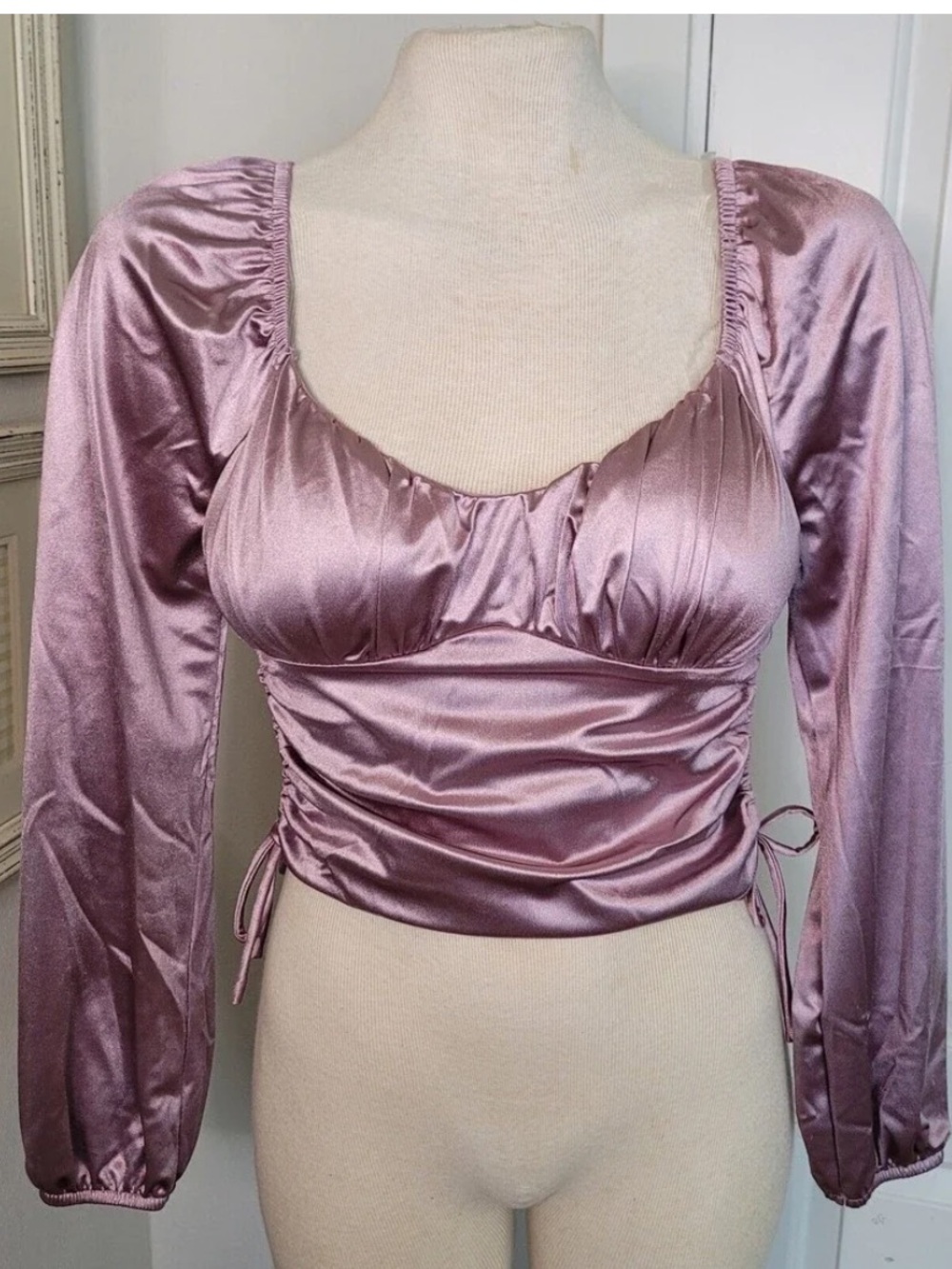 Madden NYC corset crop top long sleeve stretch satin dusty rose pink purple sz M